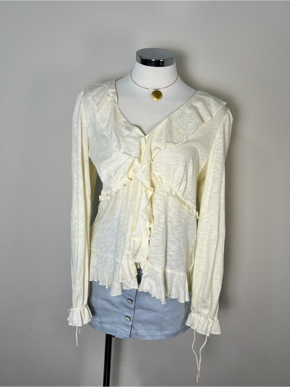 Anthropologie 100% Cotton Ruffle Front Peasant Blouse Ivory Boho Size L